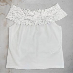 Zara Trafaluc White Smocked Off Shoulder Crop Top Blouse Small
